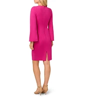 Adrianna Papell Solid Crepe Jewel Embellished Split V-Neck Long Sleeve Sheath Dress