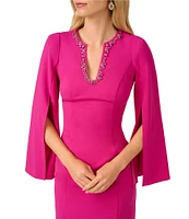 Adrianna Papell Solid Crepe Jewel Embellished Split V-Neck Long Sleeve Sheath Dress