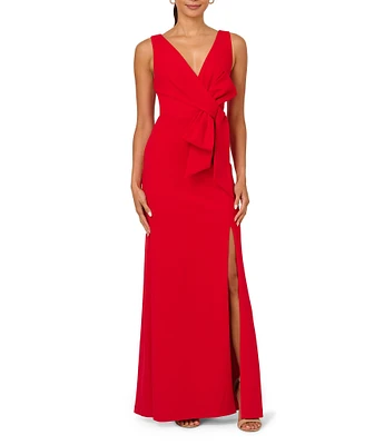 Adrianna Papell Solid Crepe V-Neck Sleeveless Front Bow Twist Side Slit Sheath Gown