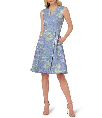 Adrianna Papell Split V Neck Sleeveless Jacquard Aline Dress