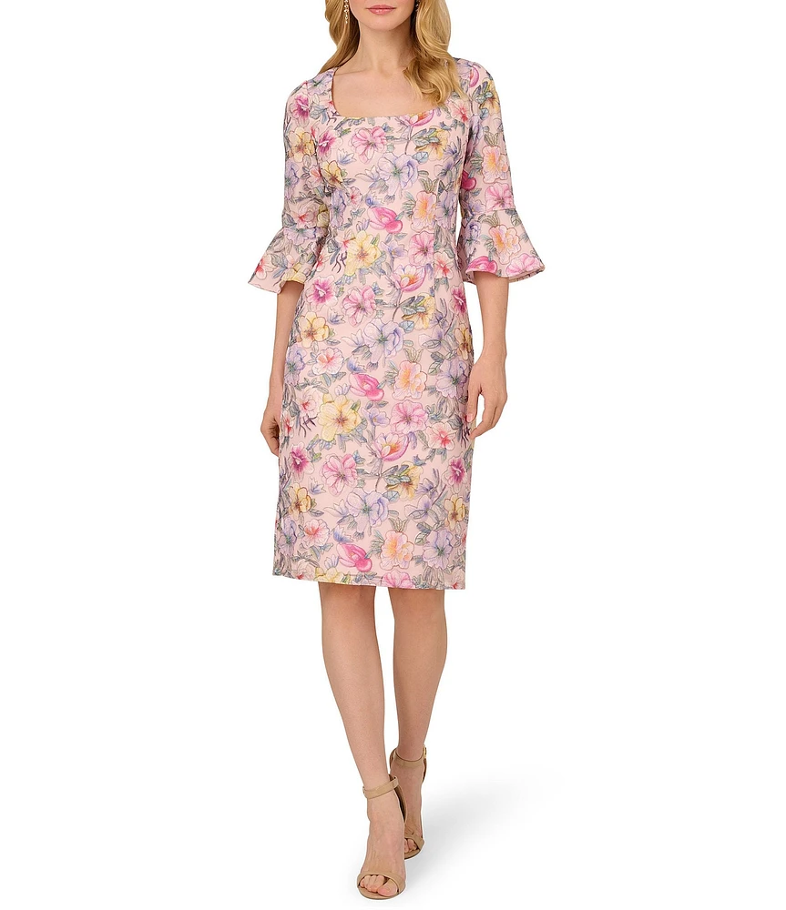 Adrianna Papell Square Neck Bell Sleeve Embroidered Floral Sheath Dress