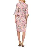 Adrianna Papell Square Neck Bell Sleeve Embroidered Floral Sheath Dress