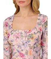 Adrianna Papell Square Neck Bell Sleeve Embroidered Floral Sheath Dress