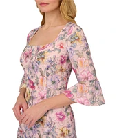 Adrianna Papell Square Neck Bell Sleeve Embroidered Floral Sheath Dress