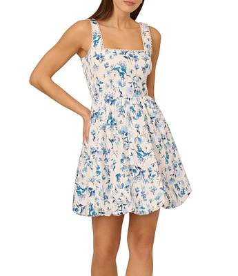 Adrianna Papell Square Neck Floral Printed Cotton Bubble Mini Dress