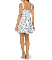 Adrianna Papell Square Neck Floral Printed Cotton Bubble Mini Dress