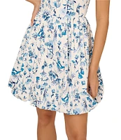 Adrianna Papell Square Neck Floral Printed Cotton Bubble Mini Dress