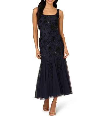 Adrianna Papell Square Neck Sleeveless Bead Mesh Godet Hem Sheath Tea Length Dress
