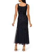 Adrianna Papell Square Neck Sleeveless Bead Mesh Godet Hem Sheath Tea Length Dress