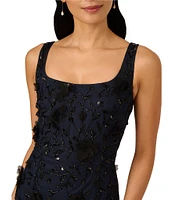 Adrianna Papell Square Neck Sleeveless Bead Mesh Godet Hem Sheath Tea Length Dress
