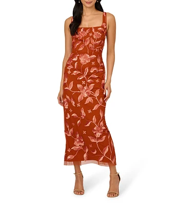 Adrianna Papell Square Neck Sleeveless Floral Beaded Mesh Maxi Dress