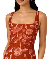Adrianna Papell Square Neck Sleeveless Floral Beaded Mesh Maxi Dress