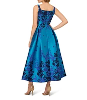 Adrianna Papell Square Neck Sleeveless Floral print Jacquard Fit & Flare Tea Length Dress
