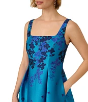 Adrianna Papell Square Neck Sleeveless Floral print Jacquard Fit & Flare Tea Length Dress