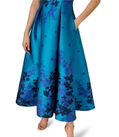 Adrianna Papell Square Neck Sleeveless Floral print Jacquard Fit & Flare Tea Length Dress