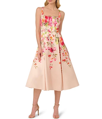 Adrianna Papell Square Neck Sleeveless Floral Print Mikado Midi Dress