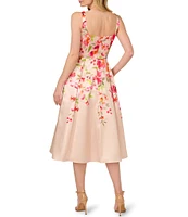 Adrianna Papell Square Neck Sleeveless Floral Print Mikado Midi Dress