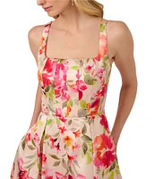 Adrianna Papell Square Neck Sleeveless Floral Print Mikado Midi Dress