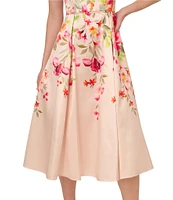 Adrianna Papell Square Neck Sleeveless Floral Print Mikado Midi Dress