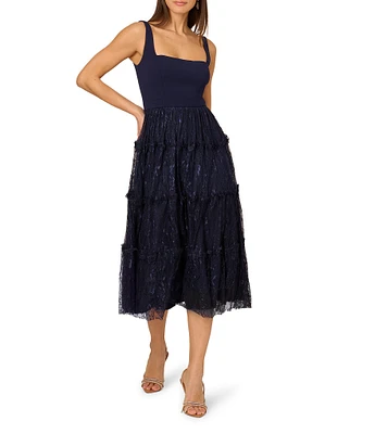 Adrianna Papell Square Neck Sleeveless Mixed Media Tiered Midi Dress