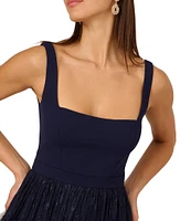 Adrianna Papell Square Neck Sleeveless Mixed Media Tiered Midi Dress