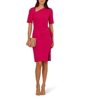 Adrianna Papell Stretch Asymmetrical Neck Short Sleeve Sheath Dress