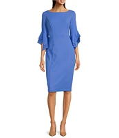 Adrianna Papell Stretch Crepe 3/4 Bell Sleeve Boat Neck Sheath Dress