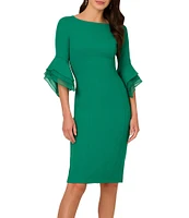 Adrianna Papell Stretch Crepe 3/4 Bell Sleeve Boat Neck Sheath Dress