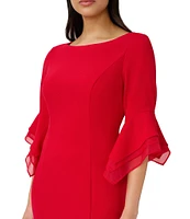 Adrianna Papell Stretch Crepe 3/4 Bell Sleeve Boat Neck Sheath Dress