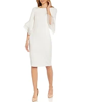 Adrianna Papell Stretch Crepe 3/4 Bell Sleeve Boat Neck Sheath Dress