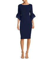 Adrianna Papell Stretch Crepe 3/4 Bell Sleeve Boat Neck Sheath Dress