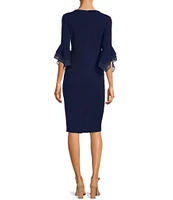 Adrianna Papell Stretch Crepe 3/4 Bell Sleeve Boat Neck Sheath Dress