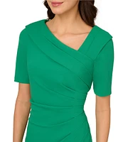 Adrianna Papell Stretch Crepe Asymmetrical Square Neckline Short Sleeve Sheath Dress