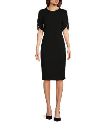 Adrianna Papell Stretch Crepe Crew Neck Short Sleeve Pearl Trim Knee Length Sheath Dress