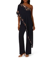 Adrianna Papell Stretch Crepe One Shoulder Neck Short Sleeve Beaded Chiffon Overlay Straight Leg Jumpsuit