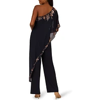 Adrianna Papell Stretch Crepe One Shoulder Neck Short Sleeve Beaded Chiffon Overlay Straight Leg Jumpsuit