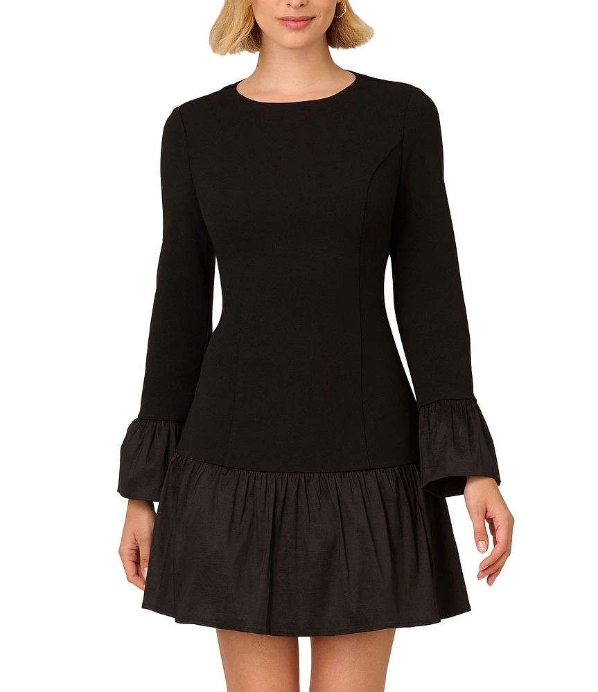 Adrianna Papell Stretch Crepe Taffeta Crew Neck Long Bell Sleeves Drop Waist Mini Dress