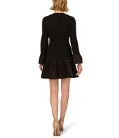 Adrianna Papell Stretch Crepe Taffeta Crew Neck Long Bell Sleeves Drop Waist Mini Dress