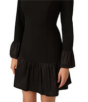 Adrianna Papell Stretch Crepe Taffeta Crew Neck Long Bell Sleeves Drop Waist Mini Dress