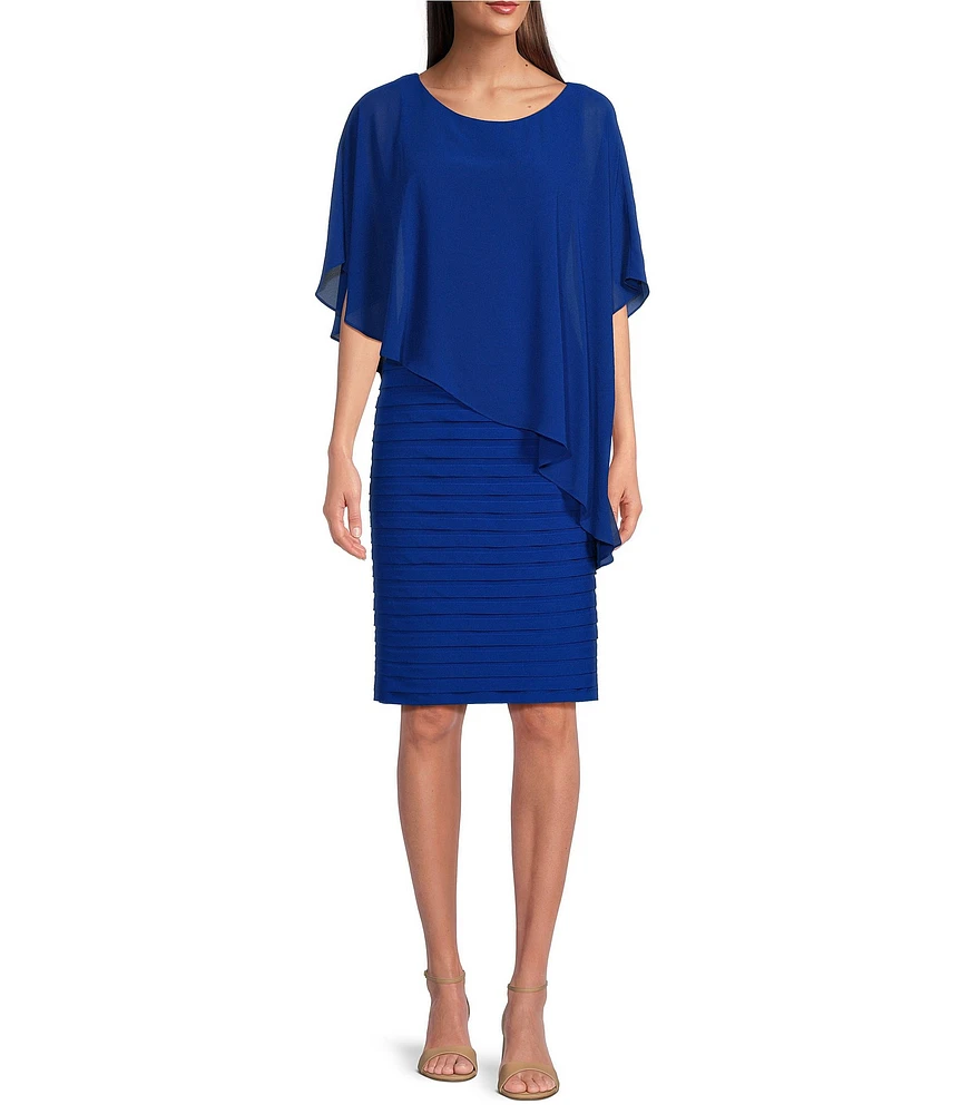 Adrianna Papell Stretch Jersey Scoop Neckline Chiffon Cape Back Dress