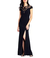 Adrianna Papell Stretch Jersey Sequin Illusion Round Neckline Cap Sleeve Mermaid Gown