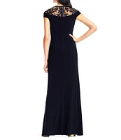 Adrianna Papell Stretch Jersey Sequin Illusion Round Neckline Cap Sleeve Mermaid Gown