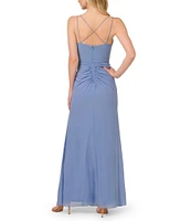 Adrianna Papell Stretch Mesh Surplice Spaghetti Strap Shirred Draped Gown