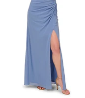 Adrianna Papell Stretch Mesh Surplice Spaghetti Strap Shirred Draped Gown