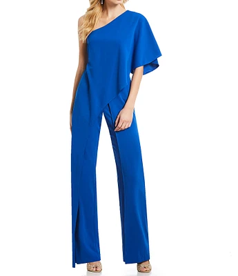 Adrianna Papell Stretch One Shoulder Short Flutter Sleeve Jumpsuit