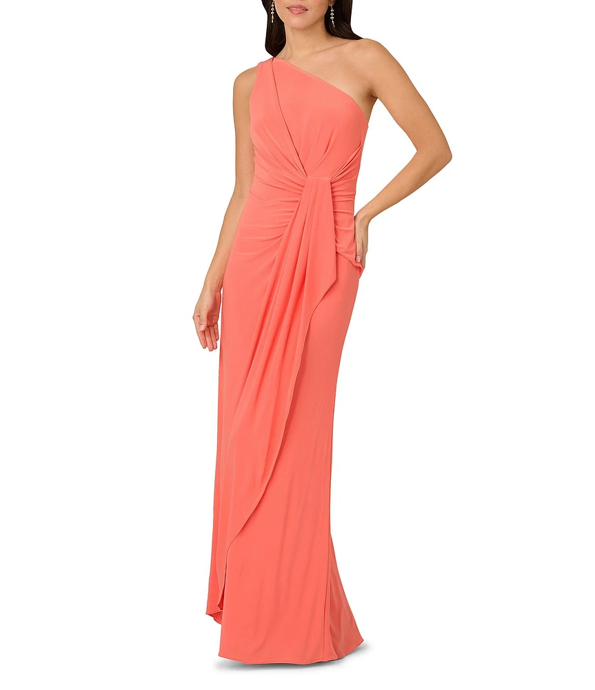 Adrianna Papell Stretch One Shoulder Sleeveless Twisted Front Draped Gown