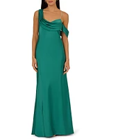 Adrianna Papell Stretch Satin Asymmetrical One Shoulder Neck Rhinestone Strap Pleated Sheath Dress