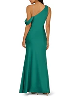 Adrianna Papell Stretch Satin Asymmetrical One Shoulder Neck Rhinestone Strap Pleated Sheath Dress