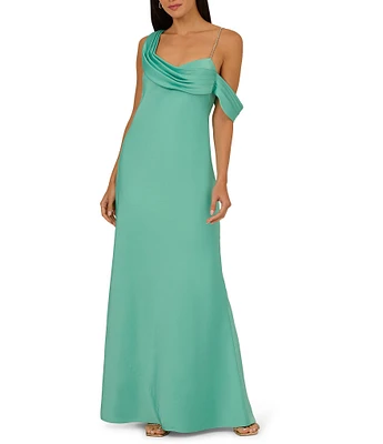 Adrianna Papell Stretch Satin Asymmetrical One Shoulder Neck Rhinestone Strap Pleated Sheath Dress