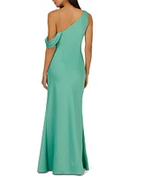 Adrianna Papell Stretch Satin Asymmetrical One Shoulder Neck Rhinestone Strap Pleated Sheath Dress